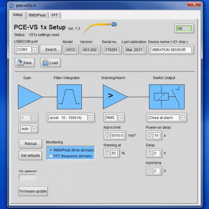 PCE Instruments, PCE-VS11 Vibration Analyzer Sensor Switch for Industrial Machine Monitoring, Measures Acceleration & Velocity, Features Adjustable Alarm Thresholds & Relay Output