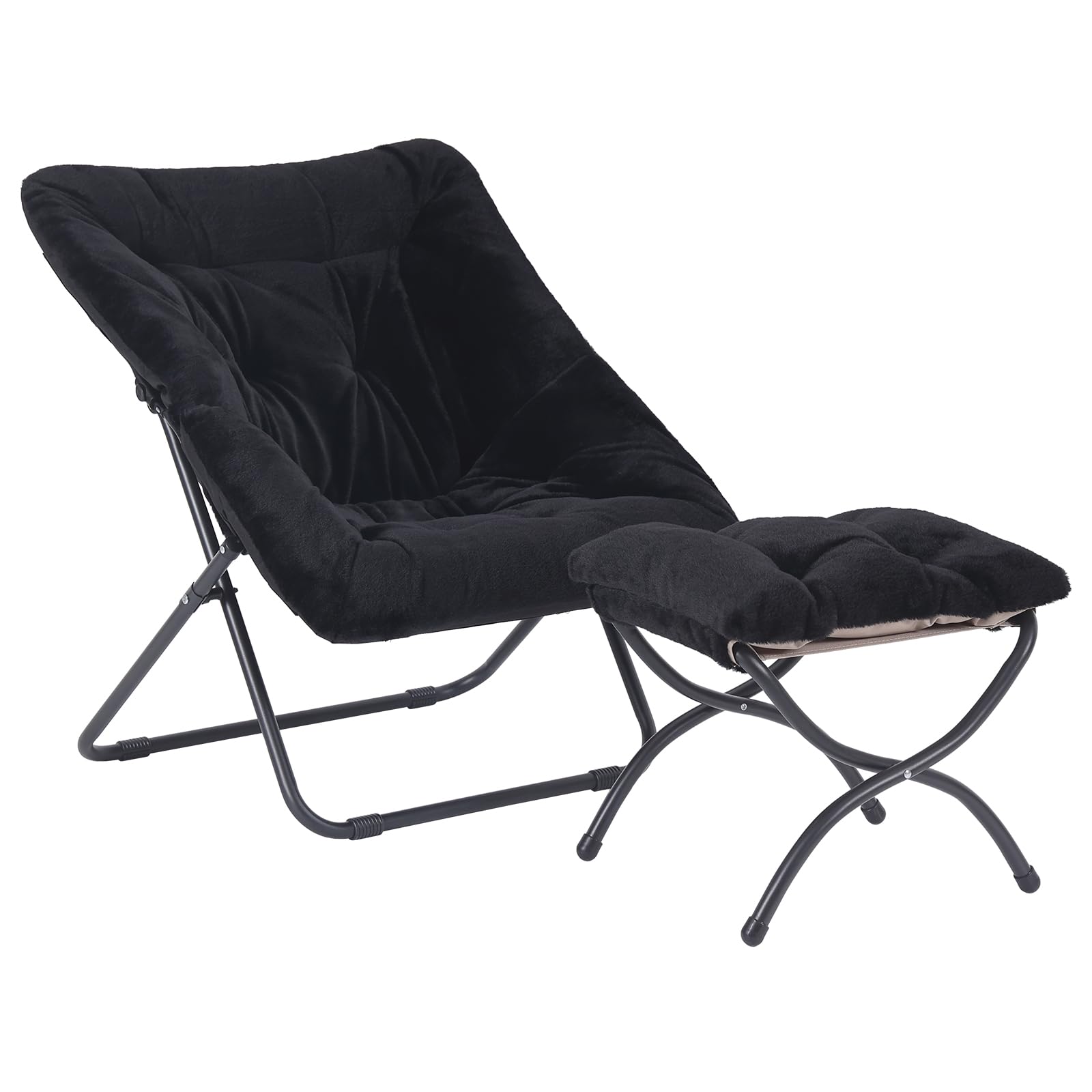Comfy Saucer Chair with Ottoman, Oversized Folding Faux Fur Chair Soft Furry Lounge Lazy Chair with Metal Frame Moon Chair Accent Chair for Bedroom, Living Room, Dorm Rooms, Black