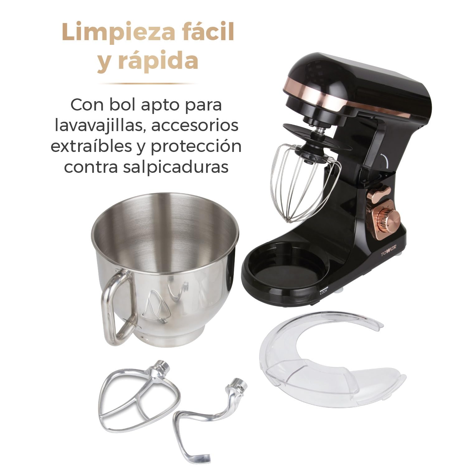 Tower T12033RG Batidora Amasadora 3 en 1 – Amasadora de Repostería de 6 Velocidades y Ajuste por Pulsaciones – Amasadora de Pan 1000 W, Negro y Oro Rosa