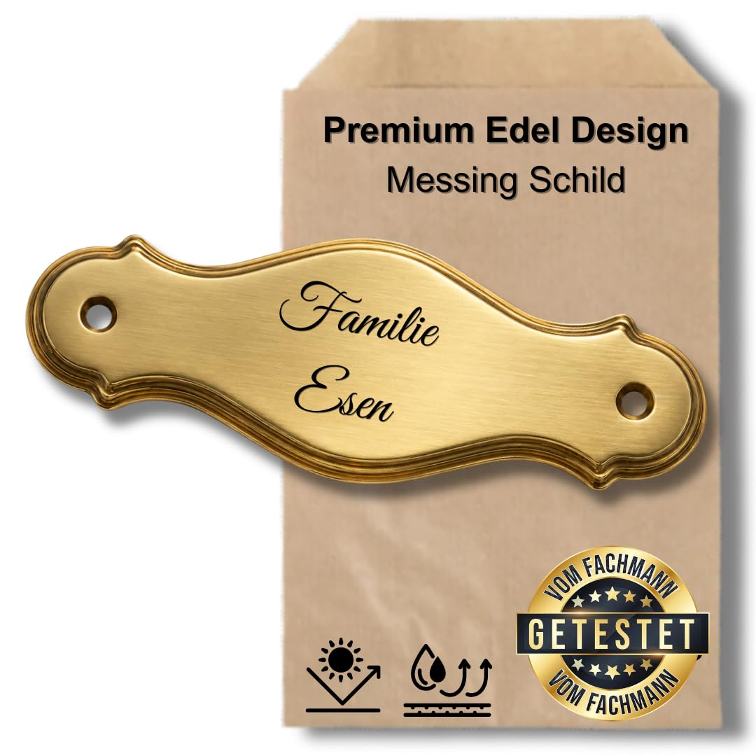 Premium Edel Design Messing Schild personalisiertes Haustür Schild aus Massiv Messing Türschild mit individueller Gravur Limited Edition - L: 13,3 cm, B: 5,1 cm, Ø: 0,5 cm