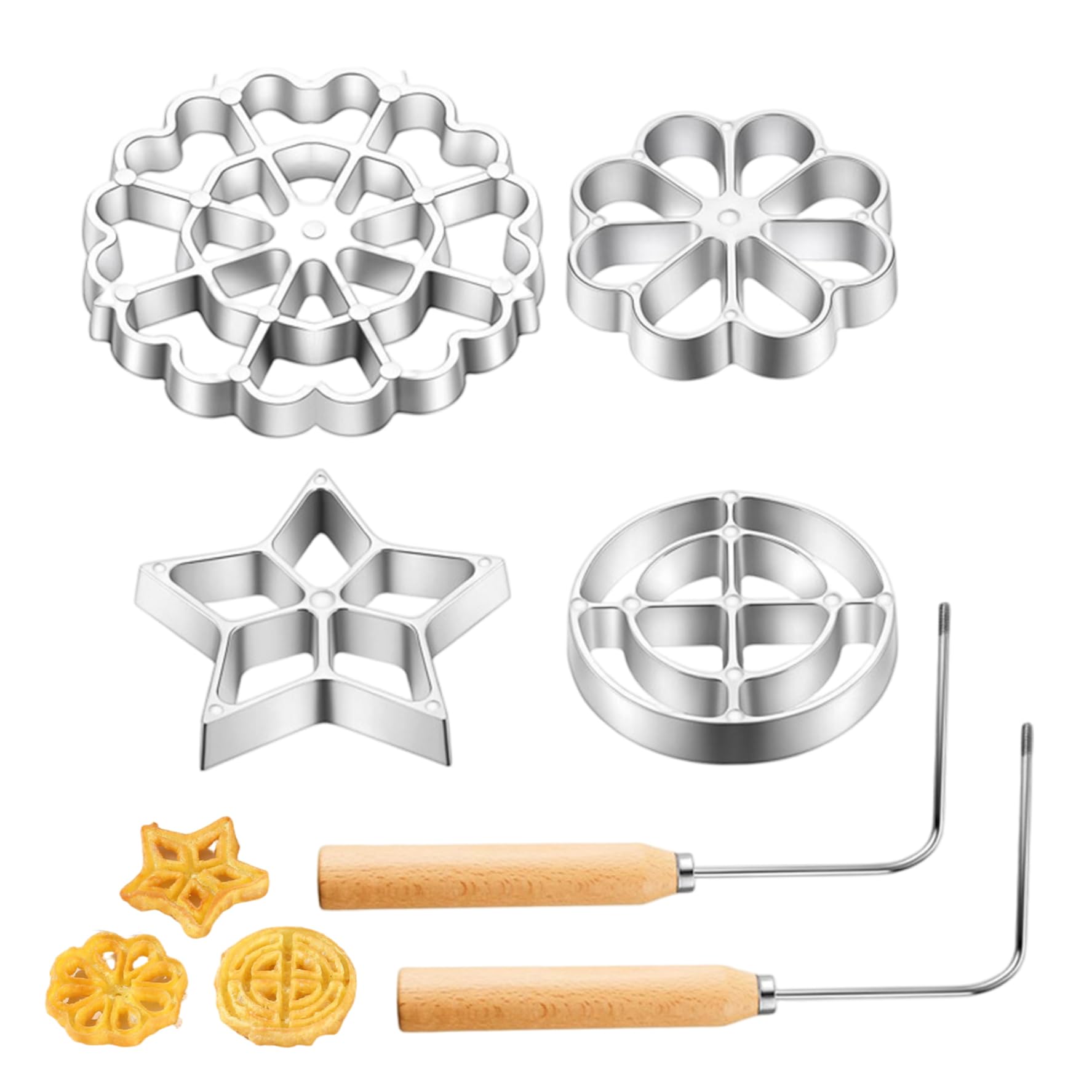 Moule bunuelos et fer à rosette avec manche en bois pour pâtisserie et gaufres