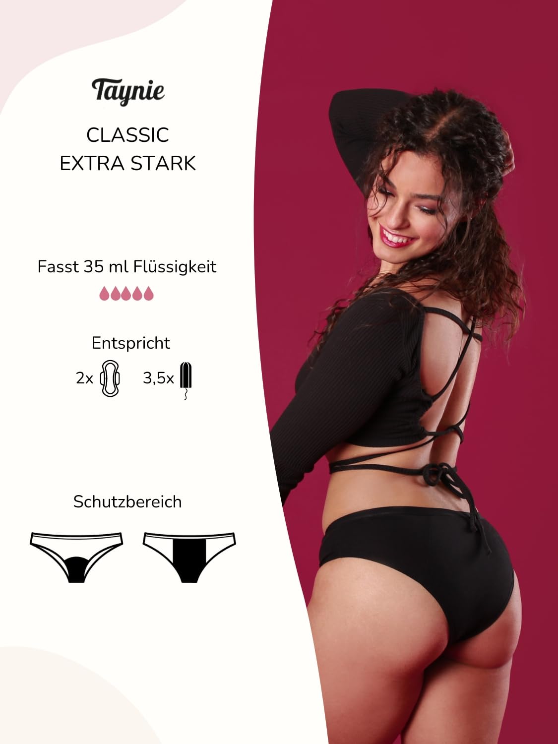 Taynie Biancheria intima classica extra forte, forte sanguinamento, lavaggio periodico, biancheria intima mestruale, sostituisce 3,5 tamponi, durata fino a 12 ore, lavabile fino a 60 °C