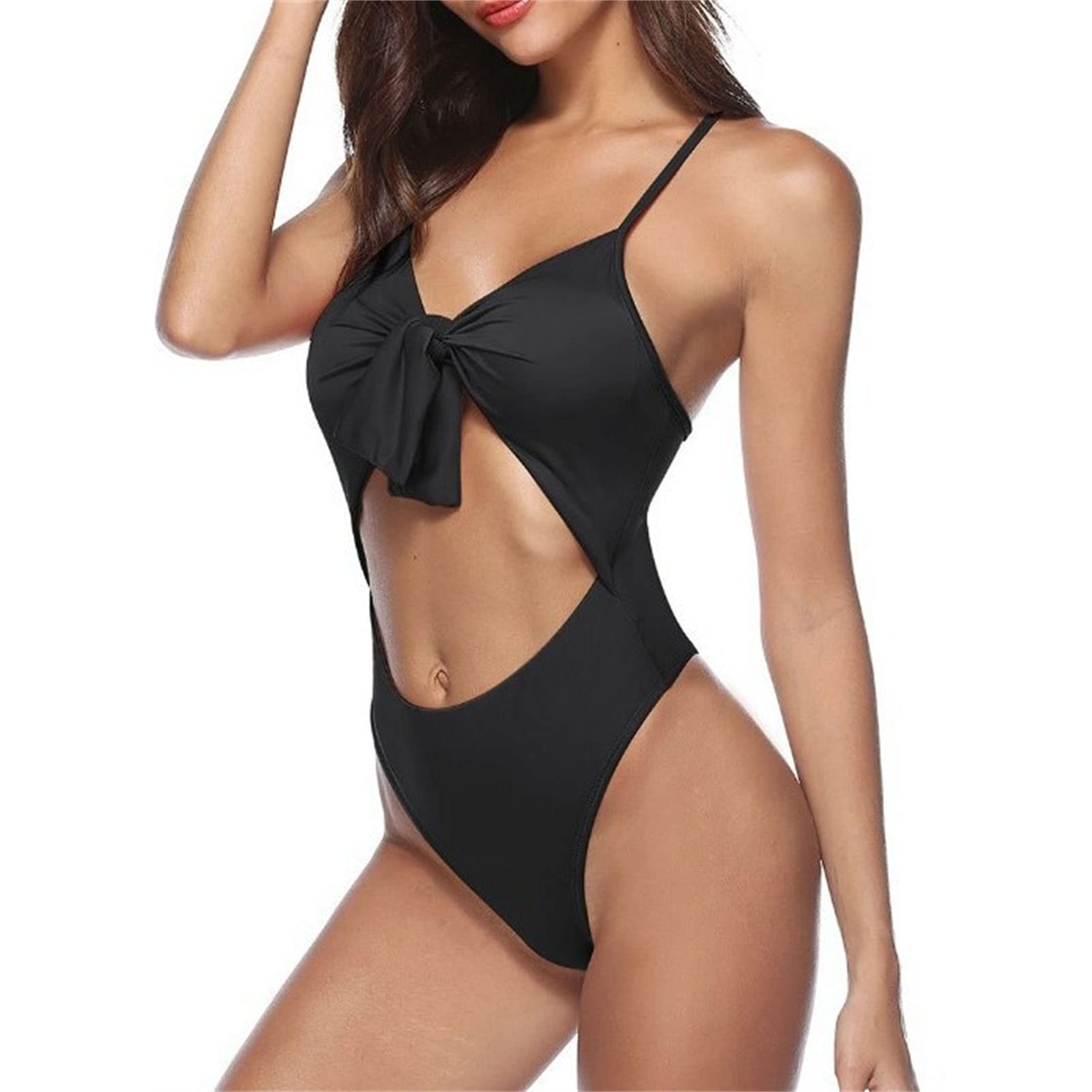 Womens Strappy 1 Piece Swimsuits Sexy Push Up Tummy Control Cut Out Swimwear Printing Tie Knot Front Bathing