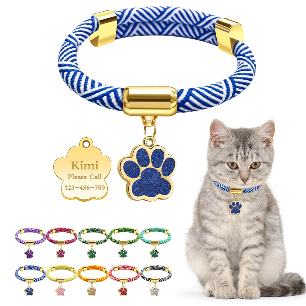 Personalized Breakaway Cat Collars with Magnetic Quick Release Buckle, Custom Engraved Name Tag for Cats (Stripe Navy)