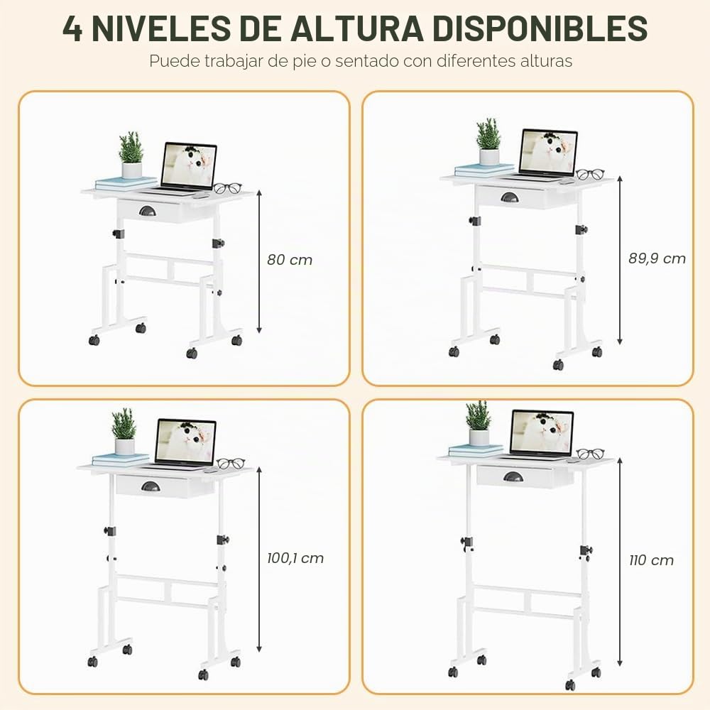 Escritorio Ajustable con Cajón de Tela y Ruedas | Altura regulable de 80 a 110 cm, Superficie de 81 × 40 cm, Blanco, 4 Niveles de Ajuste, Ideal para Trabajo y Estudio