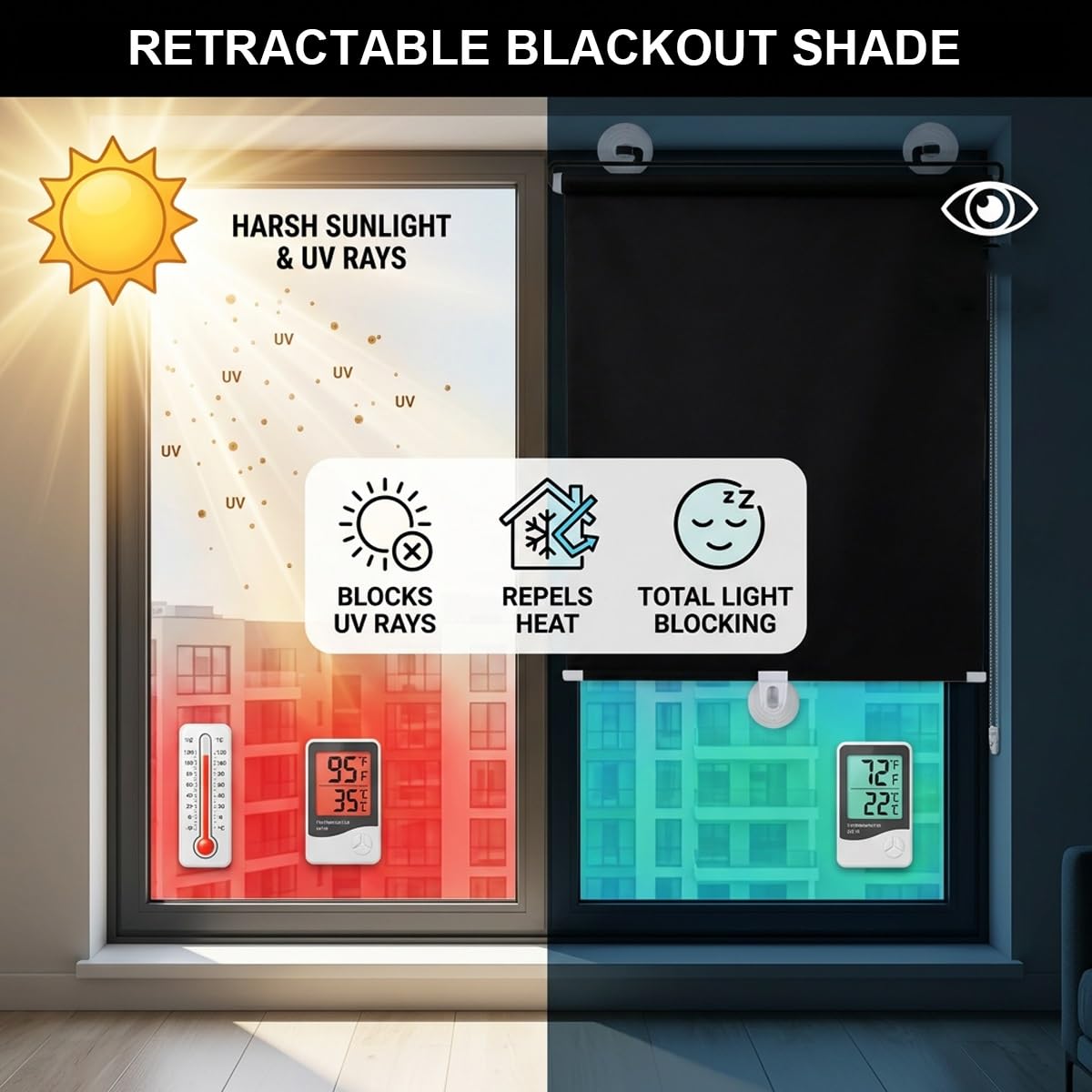 Soleil Ventouse, Store Enrouleur Occultant pour Fenêtre Rétractable, Store À Rouleau Portable, sans Perçage Rideau Protection Solaire pour Salon, Bureau, Voiture(Noir,W:80xH:135 cm (31x53 in),)