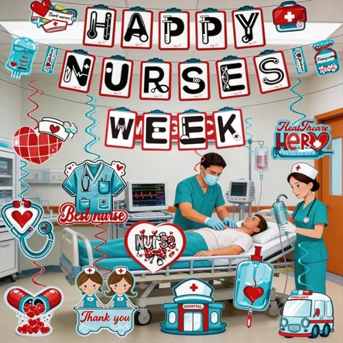 Nurses Week Banner Nurse Party Supplies Decorations, Happy Nurses Week Banner Hanging Swirls for Wall Decor, Graduation Retirement Gift for Nurse Appreciation Day, Operating Room Hospital Themed Ball by DUBEDAT - Used condition - Image 5