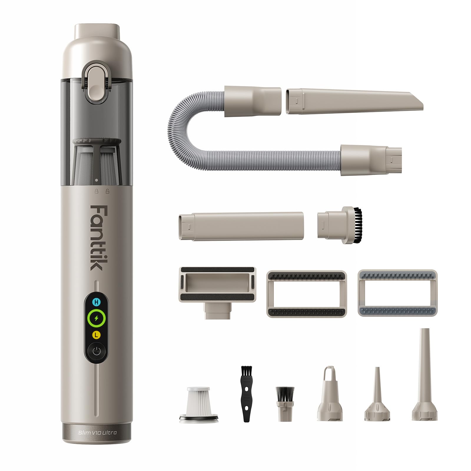 Fanttik Slim V10 Ultra Cordless Car Vacuum, 4-in-1 Portable Mini Handheld Vac, 19kPa Suction Power, Upgraded Smart Digital Display, 2 Suction Modes for Small Jobs, Car, Office Desk, Keyboards (Brown)-image-14