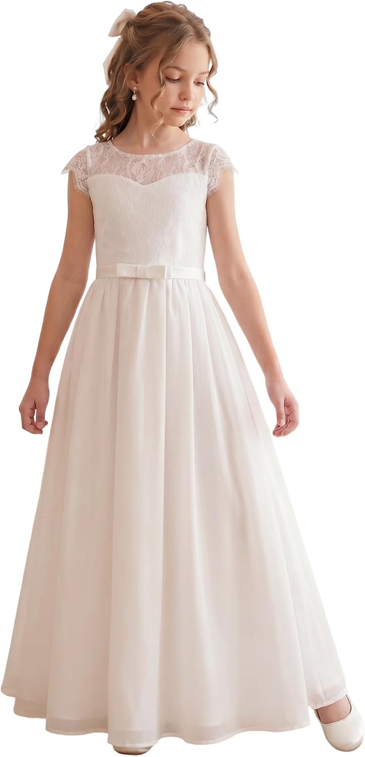 ABaoWedding Elegant Girls White Flower Girl Dress, Lace Chiffon A-line First Communion Dress with Cap Sleeves