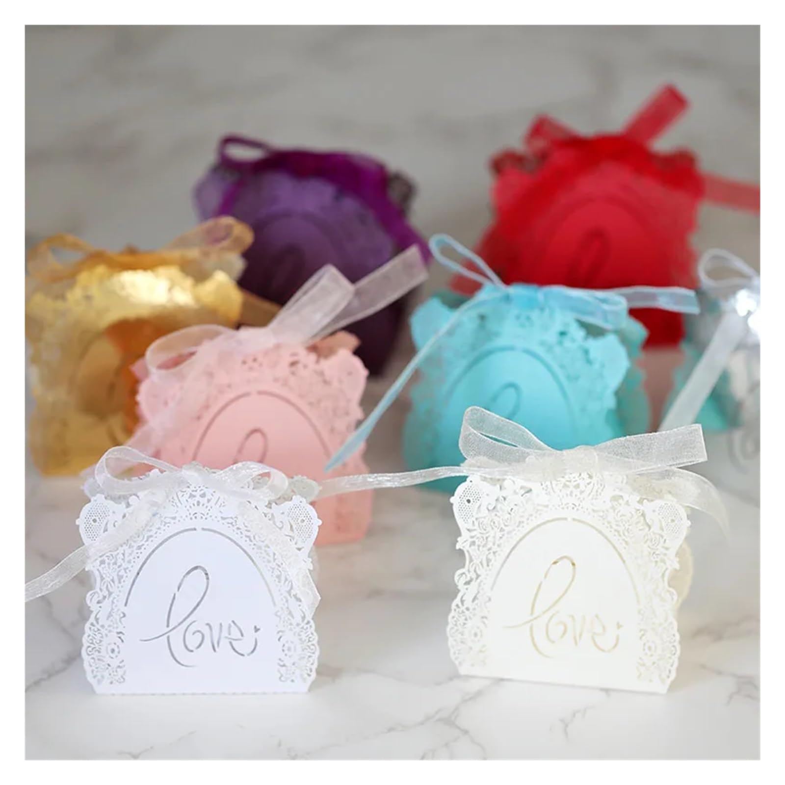 Cajas Regalo Caja de 50 caramelos chocolate con forma rosa hueca, bonita y romántica caja regalo for boda cinta for fiesta cumpleaños(Ivory)