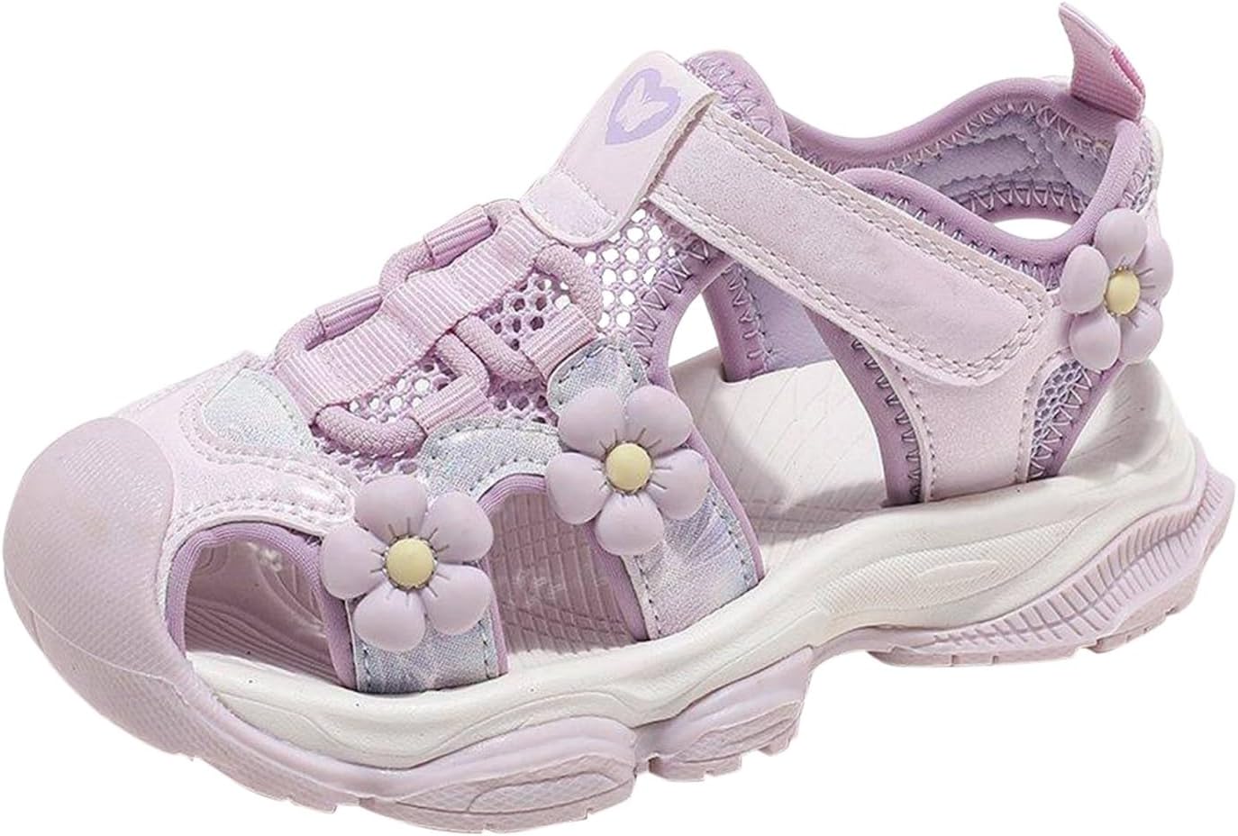 Girls Flower Hiking Sandals Kids Mesh Breathable Adjustable Strap Shoes Summer Beach Lightweight Vacation Sandals Cute Soft Comfort Shoes Casual Outdoor Walking Sneakers (Light Violet, 1 Big Kids)