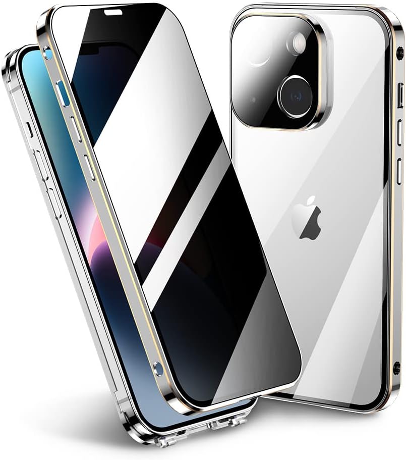 Privacy Case for iPhone 14 Plus, Hybrid Color Case with Screen Protector and Camera Lens Protector, Full Body Tempered Glass and Buckle, Metal Bumper Case (Silver)
