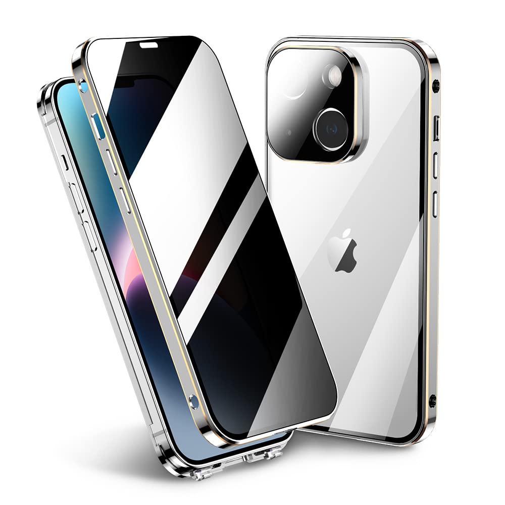 Privacy Case for iPhone 14 Plus, Hybrid Color Case with Screen Protector and Camera Lens Protector, Full Body Tempered Glass and Buckle, Metal Bumper Case (Silver)