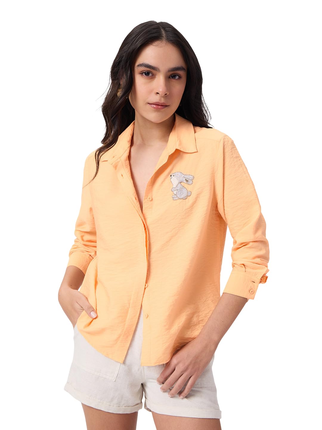 the souled store Textured Shirt: Bunny Women and Girls Full Sleeves Collared Light Orange Embroidered Crinkled Viscose Nylon Relaxed Fit Lightweight Casual Shirt-picture-40