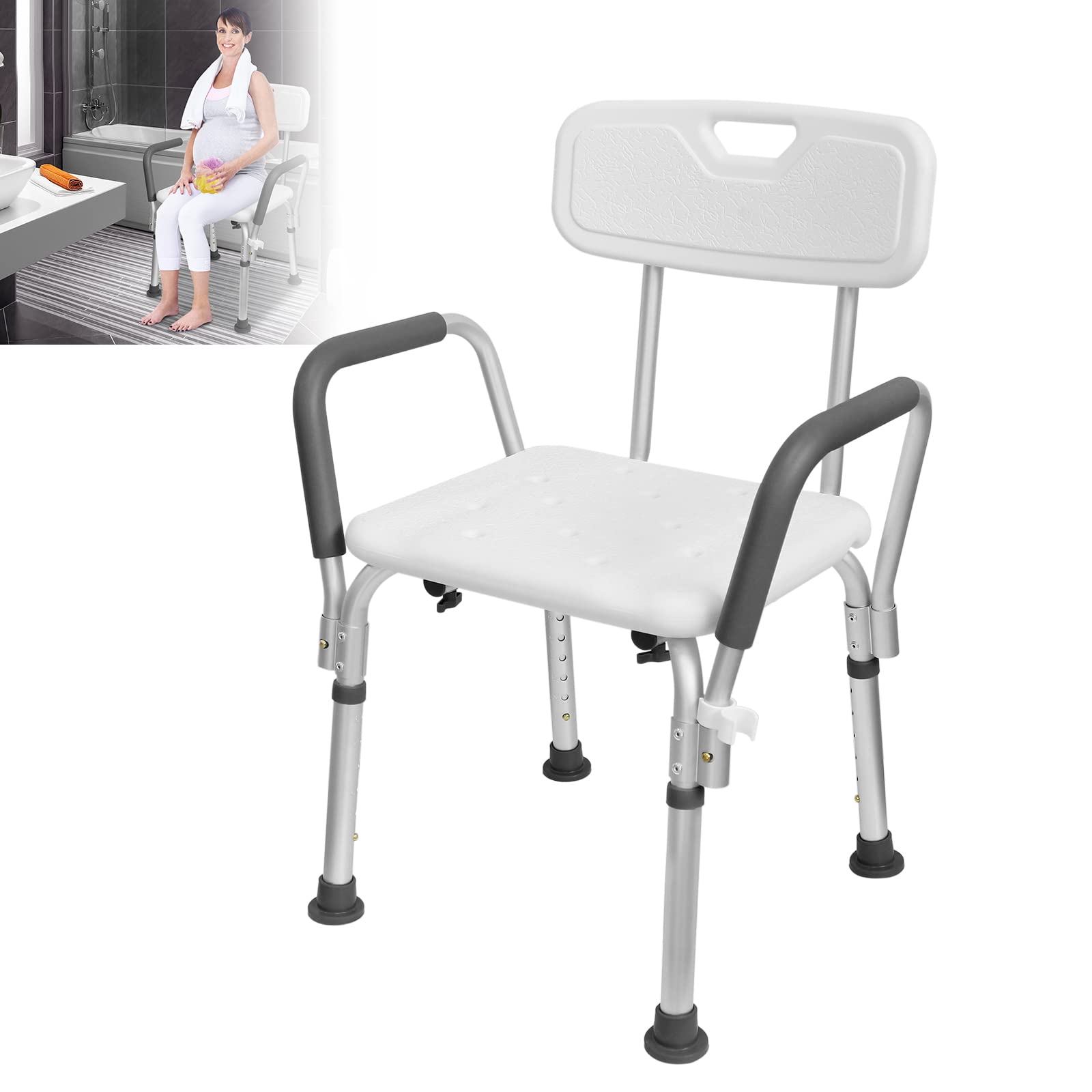 LARS360 Taboret prysznicowy z oparciem i podłokietnikami, aluminiowy, z regulacją wysokości, obciążenie do 136 kg, dla seniorów
