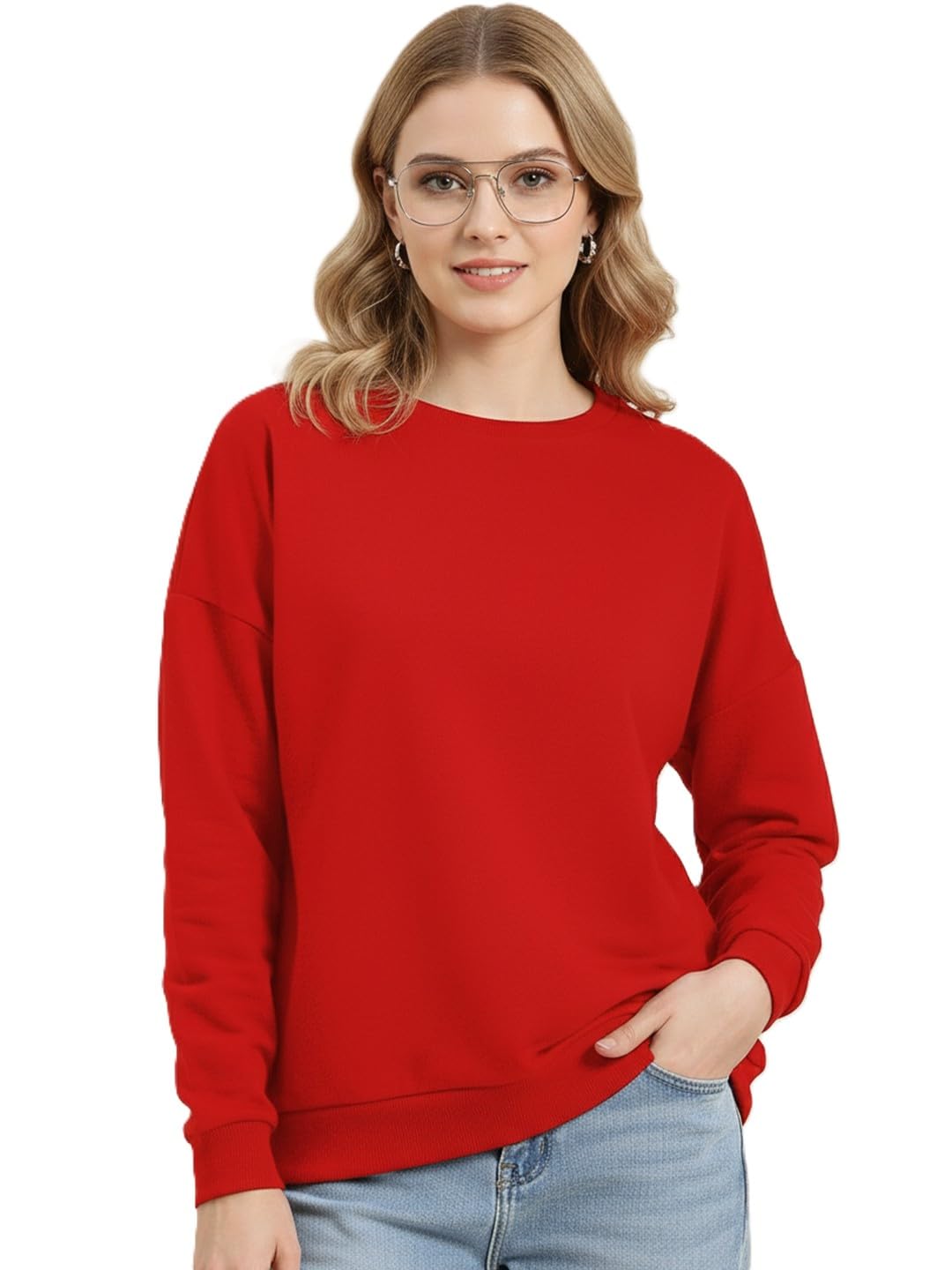 LEOTUDE Women's Full Sleeve Round Neck Loopknit Solid Sweatshirt for Women (Colour: Red)