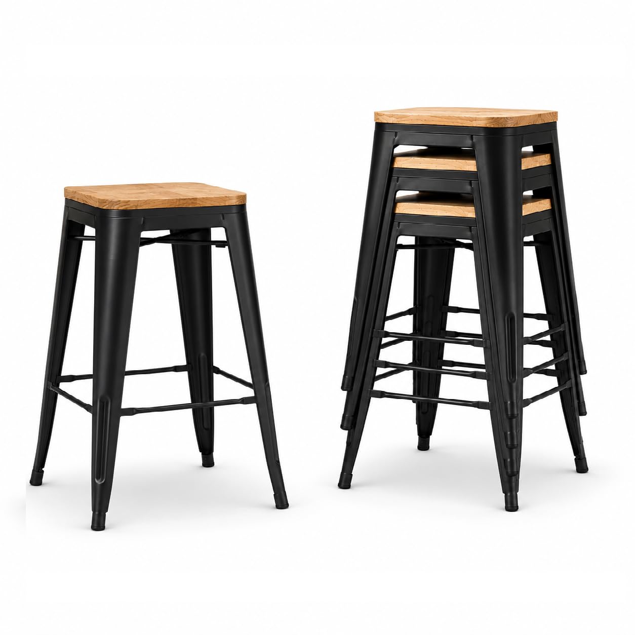 Kosmi Lot de 4 Tabourets de Bar Industriels 66 cm – Structure en Métal Noir Mat, Assise en Bois Clair, Style Loft Vintage, Cuisine, Îlot Central, Bar, Restaurant, Montage Facile
