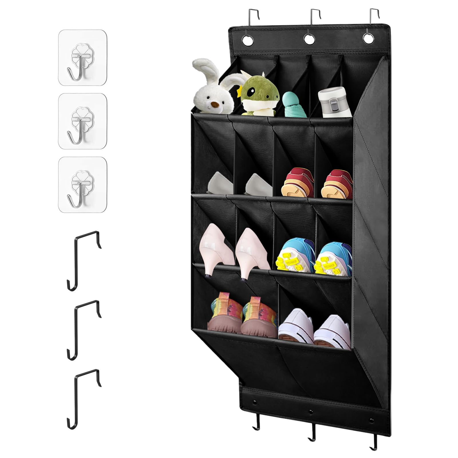 LJEC Organizer per scarpe da appendere, con gancio, porta scarpiera con 14 tasche profonde per armadio, organizer da appendere alla porta per campeggio, armadietto, dormitorio e camper, nero