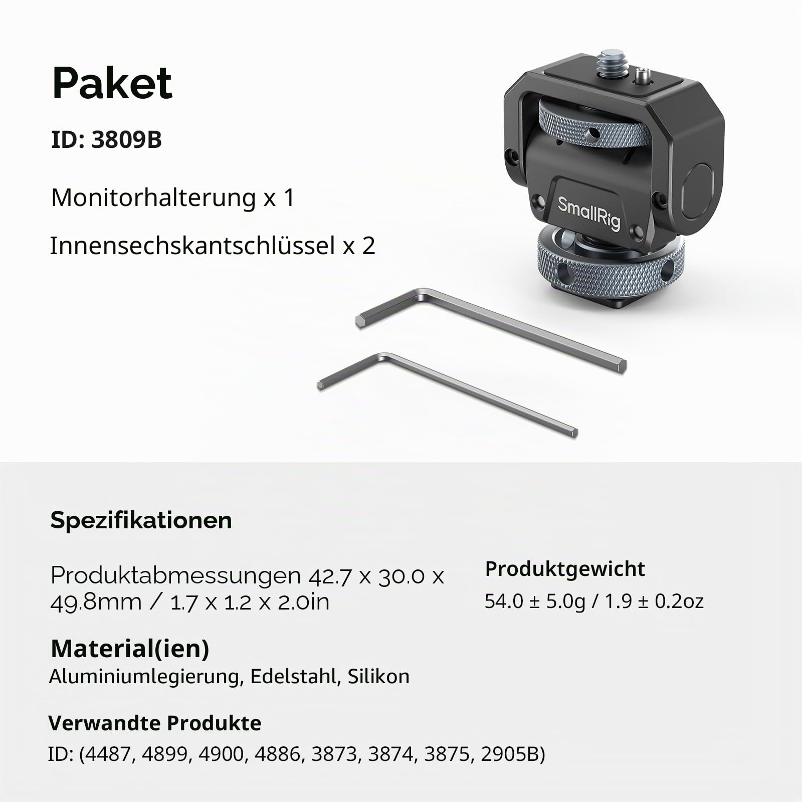SMALLRIG Kamera-Monitorhalterung Lite mit Blitzschuh, 360° schwenkbar und 180° neigbar, Halterung für Feldmonitor Tragkraft von 90° Neigung 3,2 kg-3809B
