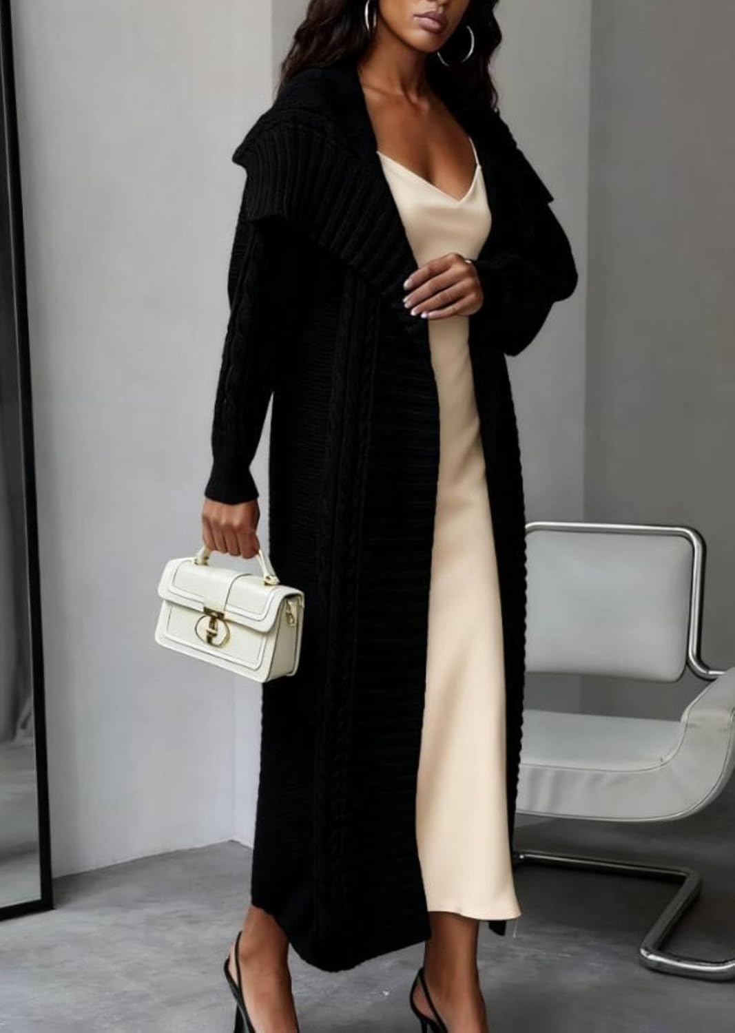 Women's Cable Knit Long Cardigan Long Sleeve Open Front Lapel Shawl Collar Chunky Oversized Duster Sweaters Coat - Image 5