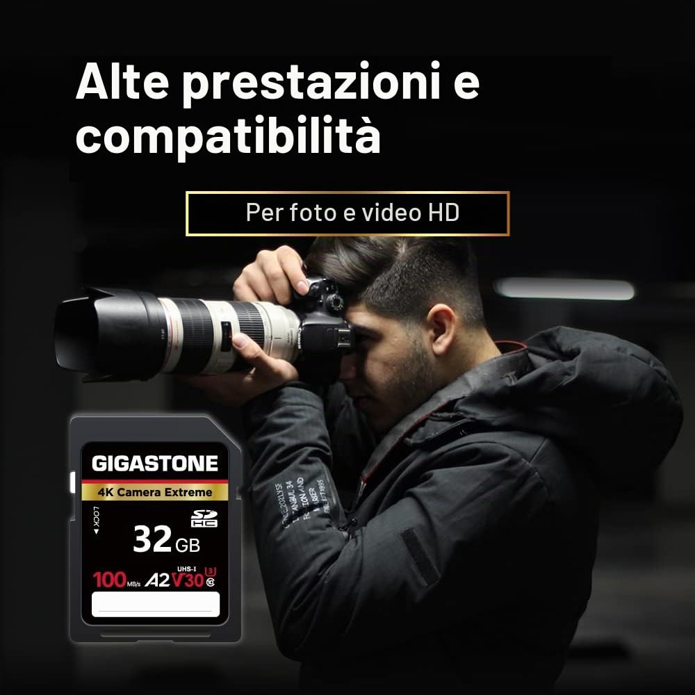 GIGASTONE A2 V30 Scheda di Memoria SDHC 32 GB, Set da 2, 4K Camera Extreme, Velocità 100 MB/s per Fotocamera Canon Nikon Sony Panasonic, U3 UHS-I Classe 10 per 4K UHD Video, con 2 mini custodie