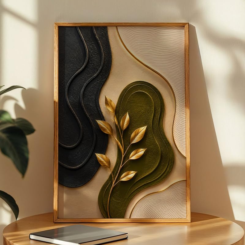 Image of NoWorries 3D Tropical Leaf Wall Painting with Frame Set of 1 | Premium Textured Green & Gold Monstera Palm Leaves Artwork, Luxury Botanical Nature Wall Decor for Living Room, Bedroom, Office and Home Decoration (3d Art-20,21x31inch)