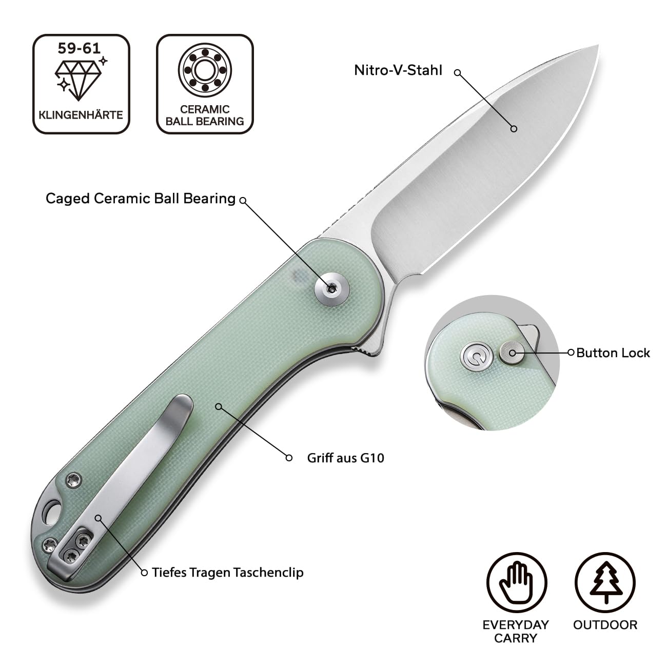 CIVIVI Elementum II Folding Pocket Knife with 7.51CM Nitro-V Blade & Natural G-10 Handle, Outdoor Knife with Clip (C18062P-2)