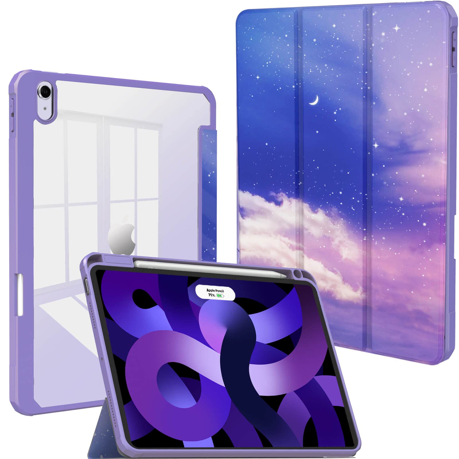 Feams iPad Air M2 Case - Clear Back, Auto Sleep, Pencil Holder, Purple Sky
