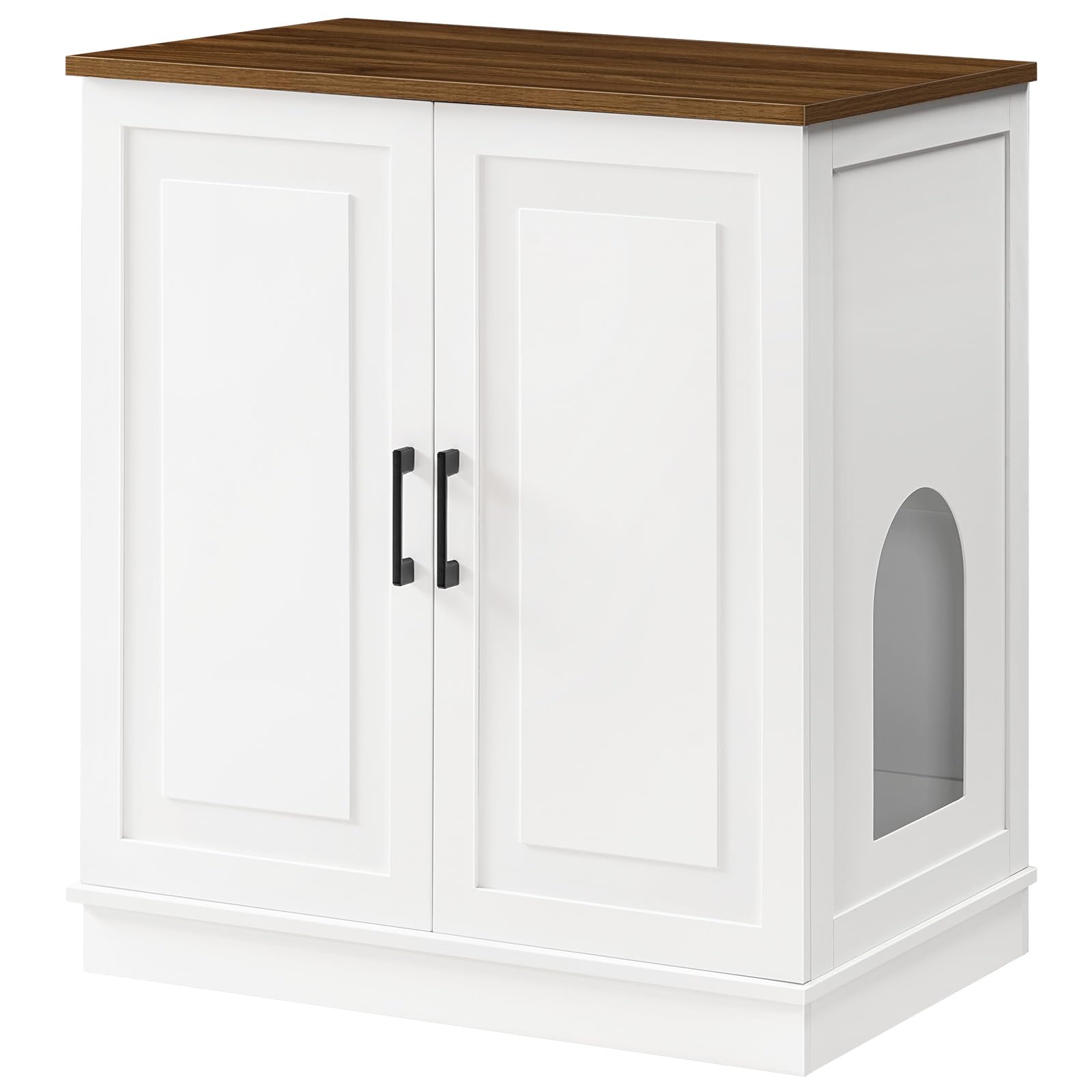 MAHANCRIS Large Cat Litter Box Enclosure, 33.5" Tall Hidden Litter Box Furniture for Self Cleaning Litter Box, Farmhouse Wooden Litter Box Cabinet, Cats House, Side Table, White and Walnut CWBZ3501
