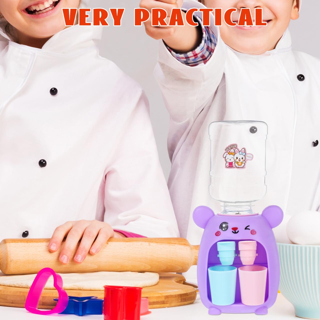 Mini distributeur d'eau pour enfants : machine à eau en plastique avec deux prises – Améliore la créativité et la coordination œil-main, design animal mignon pour jouer et décorer la chambre (violet