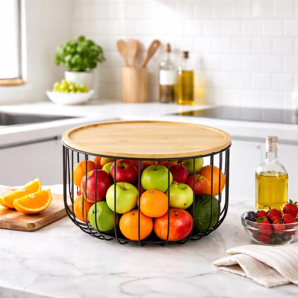 B bangcool 3Pcs Fruit Basket for Kitchen, Metal Wire Fruit & Vegetable Basket Set with Wood Lids, Stackable Organizer for Kitchen & Dining Table Centerpiece, Black Iron Round Storage Baskets