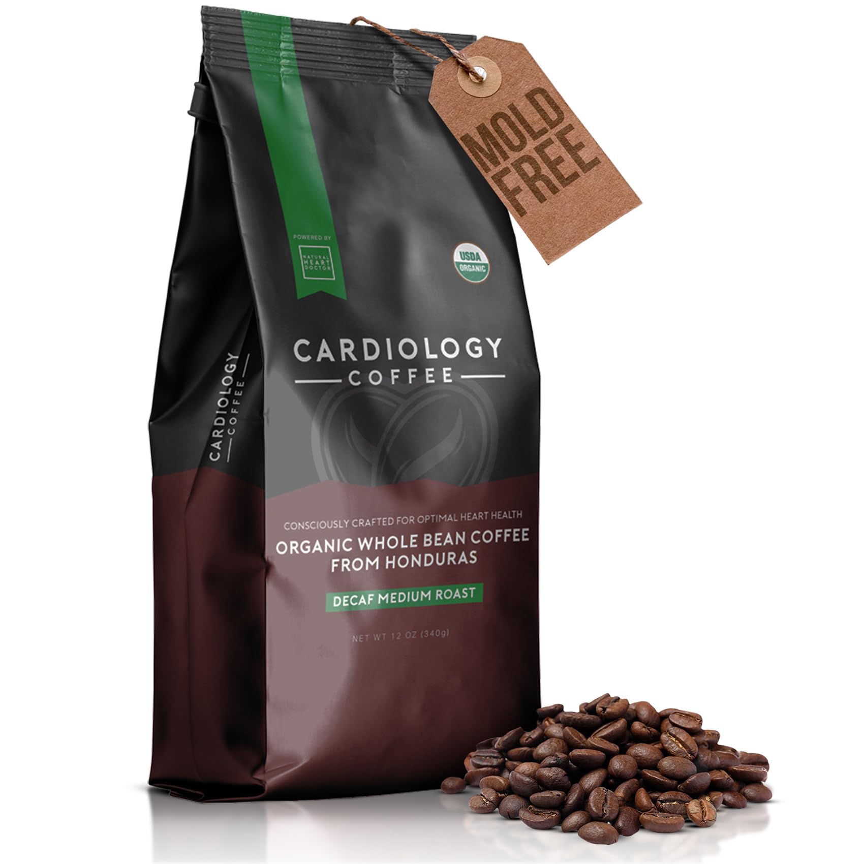 Cardiology Coffee – Medium Roast Decaf Coffee Beans – USDA Certified Organic, Mold Free 12oz Premium Whole Bean Coffee – Decaf Barista-Style Beans