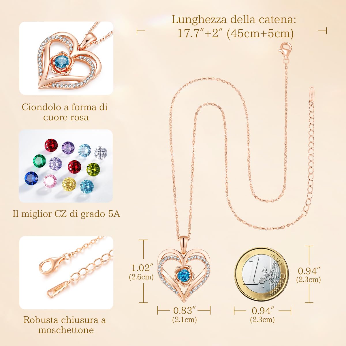 CDE Collana Donna Argento 925 Collana in Cuore, Pietra di nascita Rosé Fiore Collana in Oro, Rosa Gioielli Donna Regalo Valentin’s Day Natale Compleanno