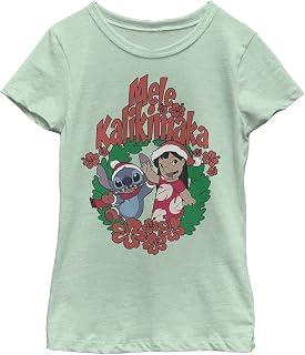 Lilo & Stitch Mele Kalikimaka Stitch Girl's Heather Crew Tee, Mint, X-Large