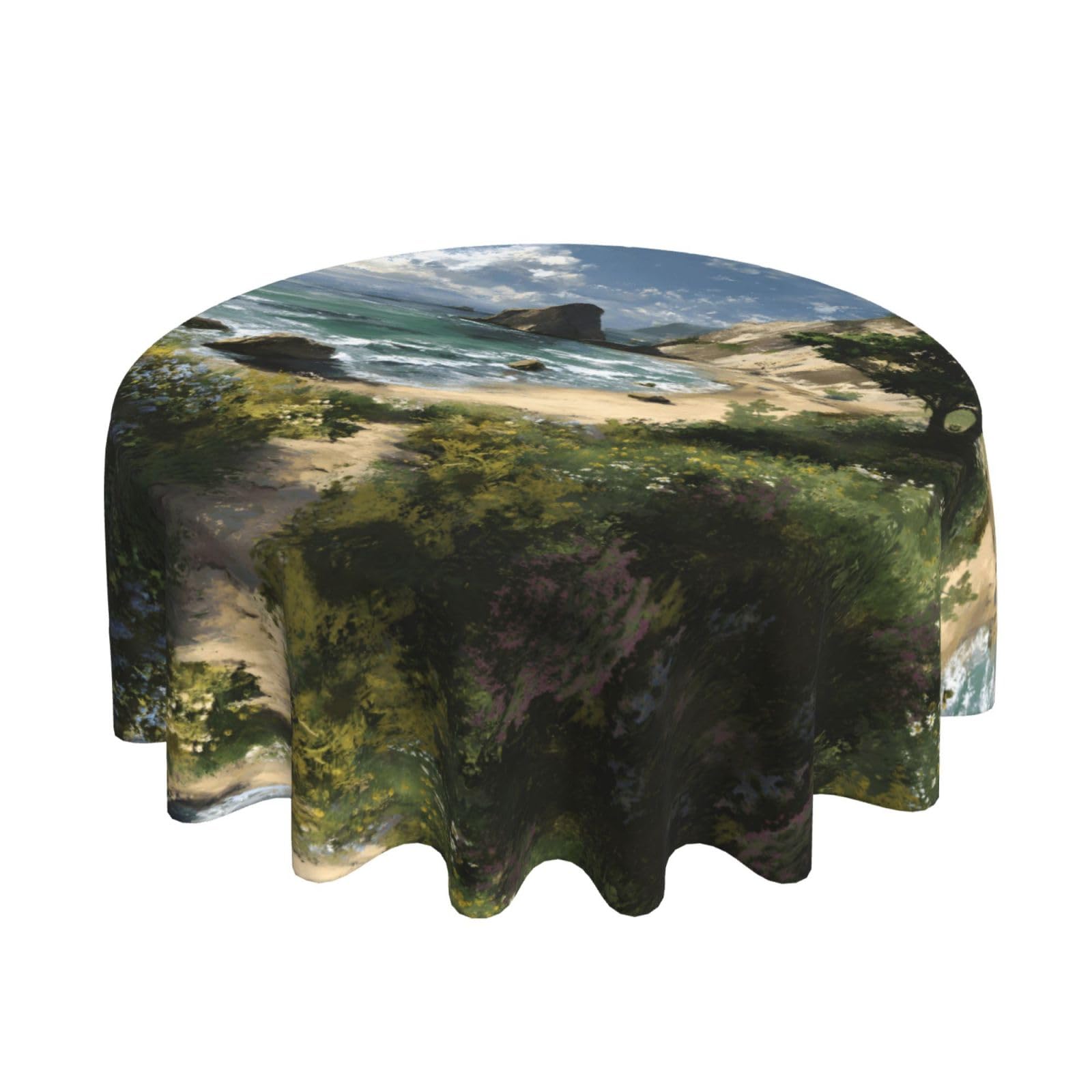 ESNAIUVCD Seaside Scenery print Round Tablecloth Waterproof Washable Wipeable Resistant Polyester Circular Table Cover for Dining Room Kitchen Indoor Outside 60"