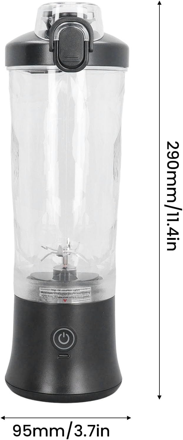 Portable Blender 600ml Cup, 18000RPM Speed USB Rechargeable Mini Juicer Cup Electric Fruit Mixer for Travel, Black, Stainless Steel Blades