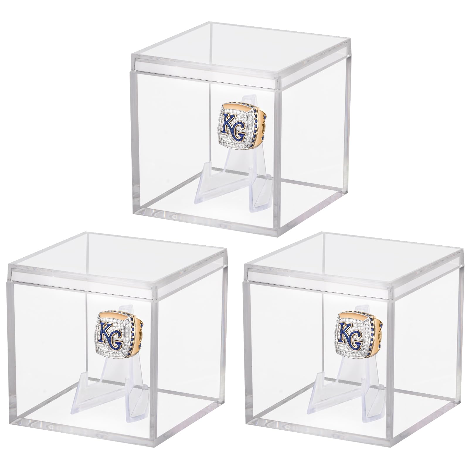 3 Pack Championship Ring Display Case Clear Acrylic Display Case Mini Football Baseball Softball Ring Holder Display Box Single Stand 1 Slot Ring Hole Storage Box Gift for Sports Fans, 2.16 Inch