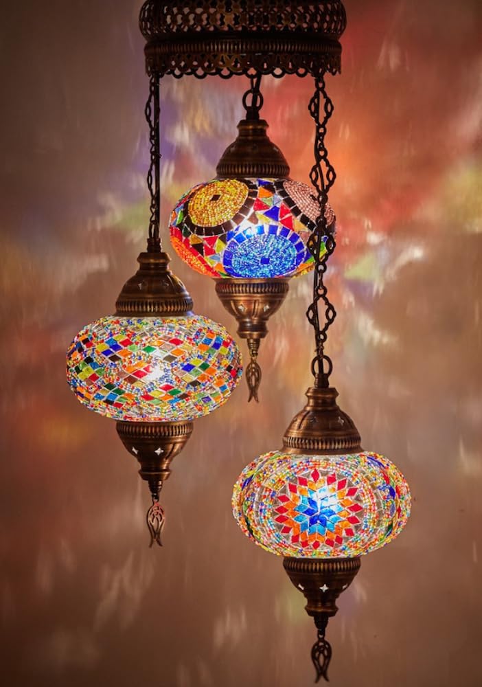 DEMMEX Turkish Moroccan Mosaic Chandelier Lamp – Handmade Hanging Ceiling Lamp & Light Fixture with 17cm Customisable Globes – Boho Artisan Lighting for Living Room & Bedroom, 105cm Height