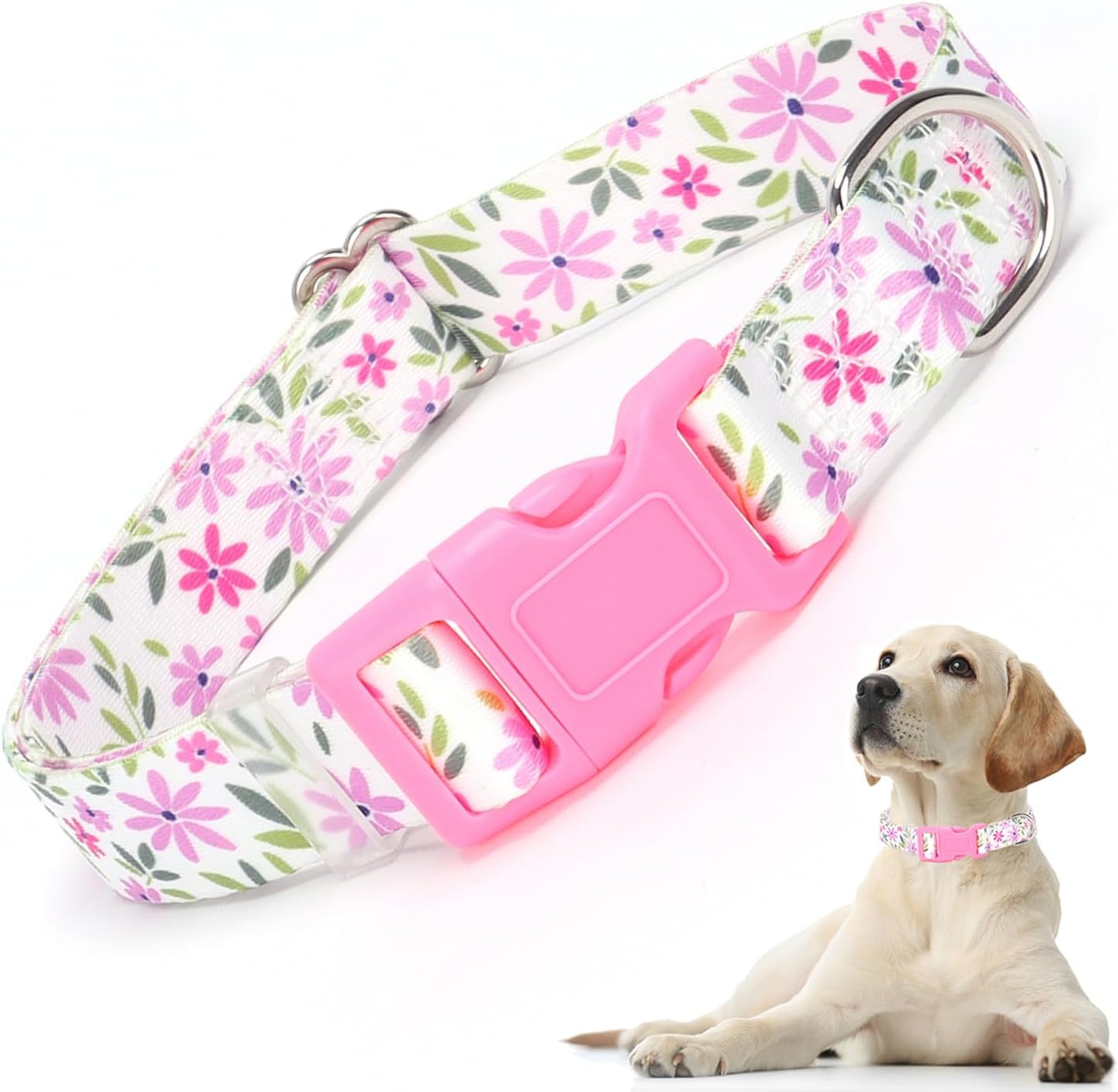 Dog Collars for Medium Dogs, Floral Girls Dog Collar, Durable Pretty Female Pets Collars for Small Medium Large Dogs Walking Training, Size XL