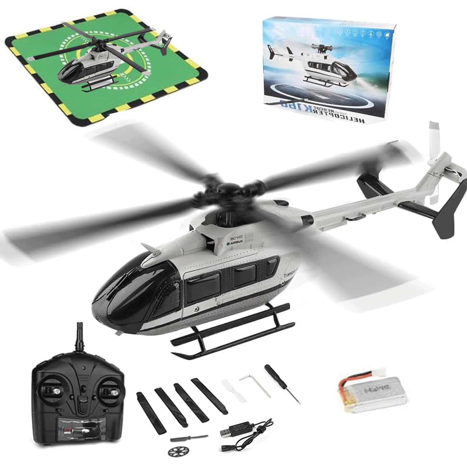 RCXTechPro WL K160 EC-145 RC Helicopter for Adults Beginners, 2.4G 4CH 6-Axis Gyro 4 Propellers Flybarless Military Aircraft with Apron Landing Pads & Altitude Hold – RTF (1 Battery)