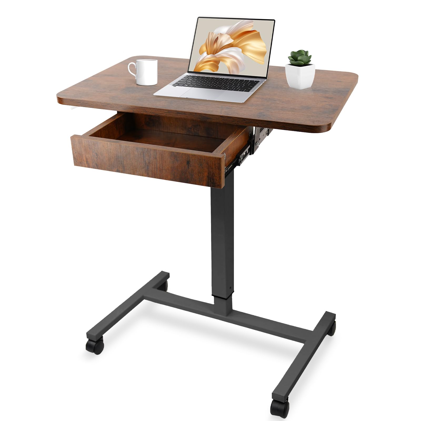 CLATINA Mobile Laptop Standing Desk, Height Adjustable Teacher Podium with Lockable Wheels, Adjustable Work Table with Drawer, Computer Cart Overbed Table for Home Office Classroom, Brown