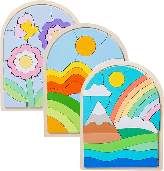 3 Pack Montessori Wooden Shape Puzzles - Color Matching & Cognition Fun for Kids Over 3 Years Old, with Rainbow Blocks & Themes (Flower, Rainbow, Sunrise), Fine Motor Skill Building Toys & Gifts
