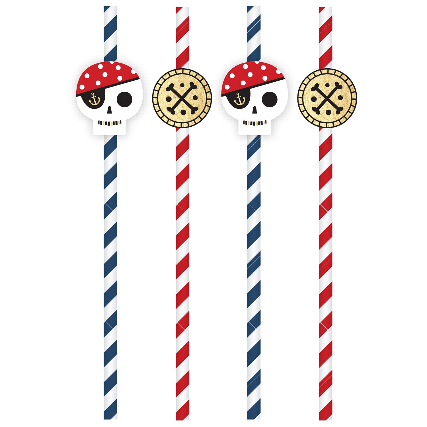 Amscan 9910325 - Treasure Island Pirate Kids Birthday Party Paper Straws with Toppers - 8 Pack