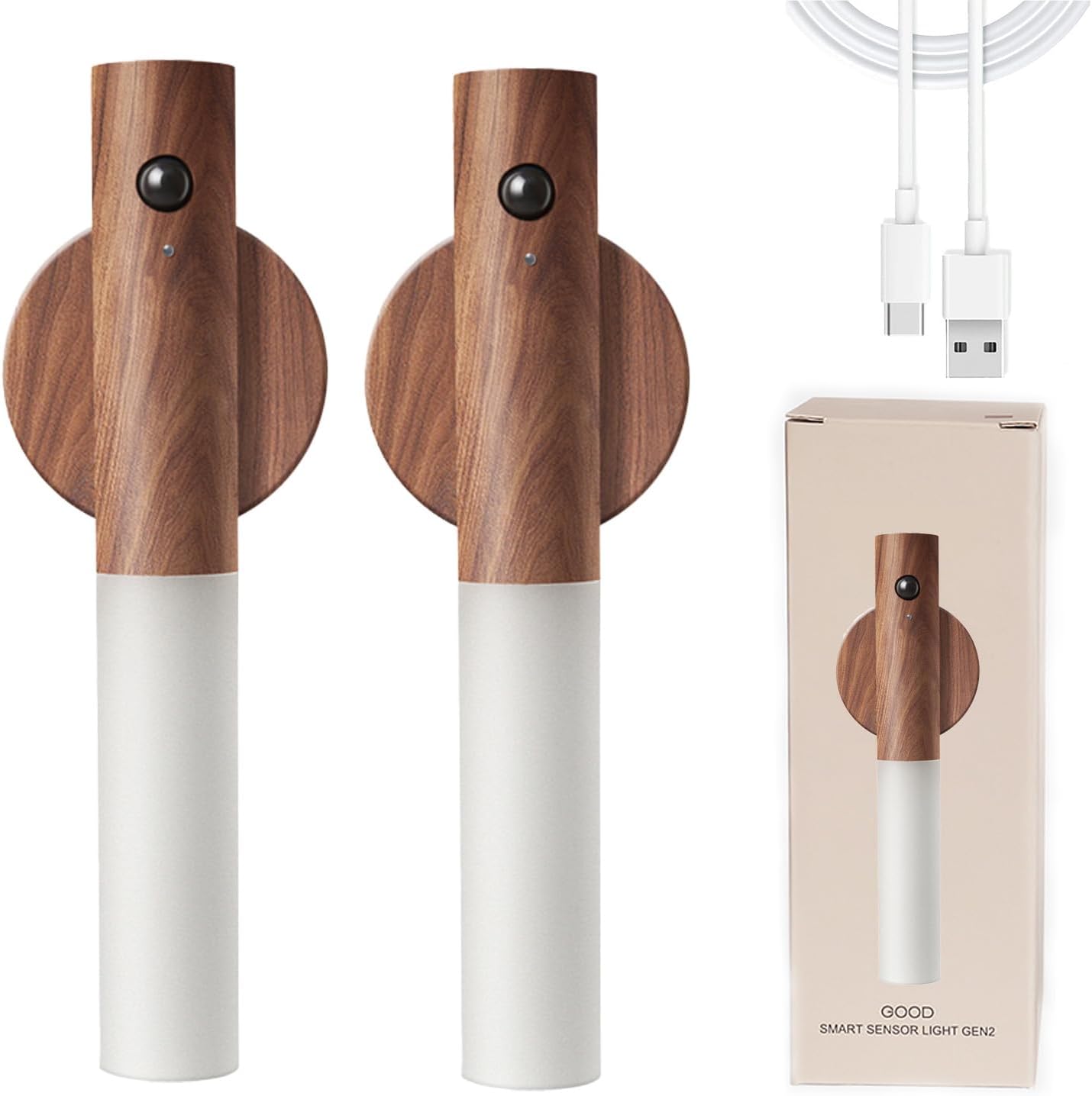 Motion Sensor Night Light Portable Battery Powered Removable Magnetic Wireless Wall Light Indoor Rechargeable Bedroom Corridor Staircase Automatic Sensing (Walnut Wood 2PS)