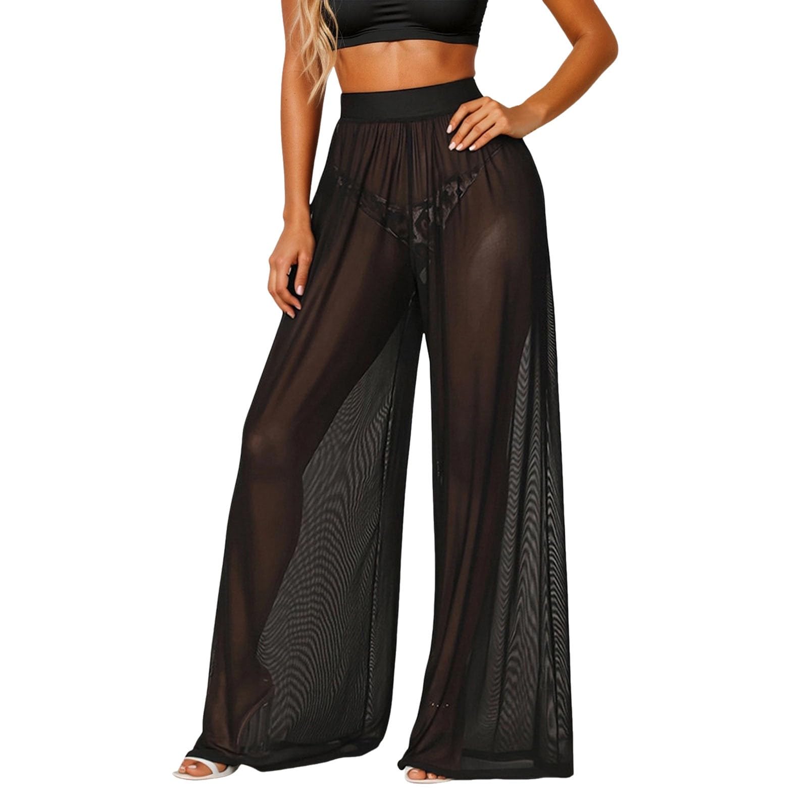 Straight Leg Leggings da donna sexy in rete trasparente, pantaloni da yoga, elasticizzati, in vita elasticizzata, a gamba larga