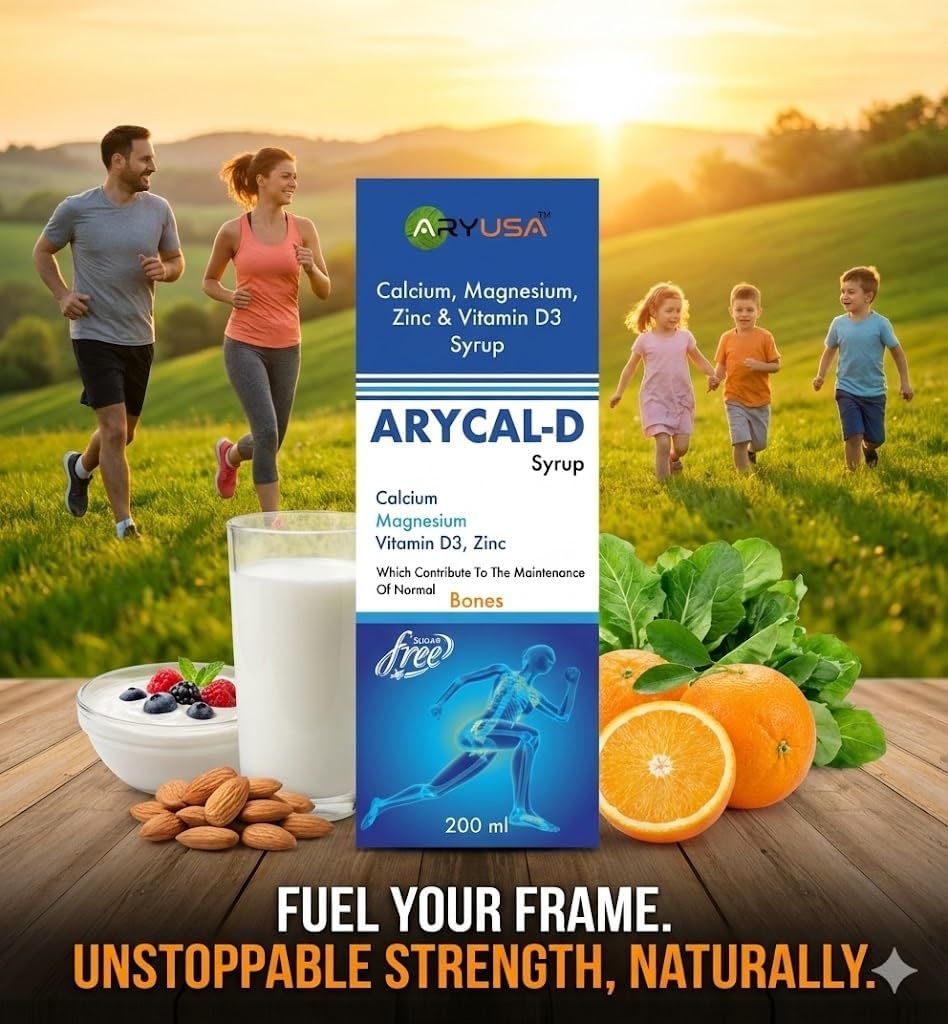 ARYUSA ARYCAL-D Syrup with Calcium, Magnesium, Zinc & Vitamin D3, Sugar-Free, Bone Health, 200 ml (Pack of 2) 1