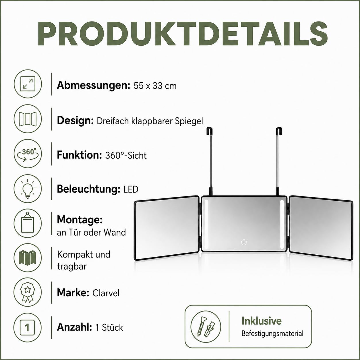 Self Cut LED Beleuchtet Haarspiegel 360° Drehbare Triptychon Design Hängend für Tür Selbst Schneiden Make-up Rasieren Kompakt Faltbar 100470