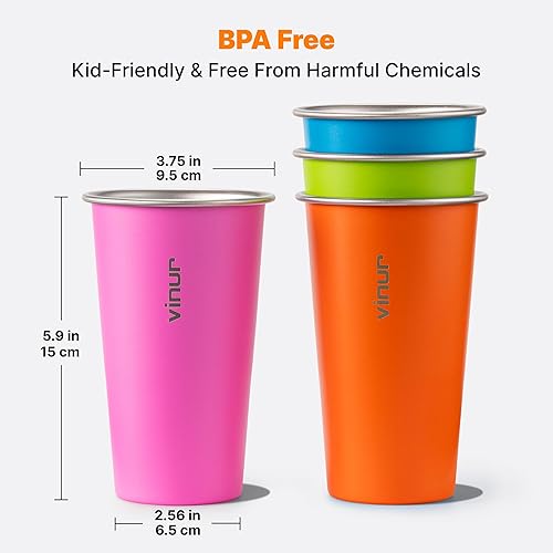 Miniatura 5 de VINUR Vasos de acero inoxidable de 20 onzas, paquete de 4 vasos apilables de metal para viajes, campamento, exteriores (azul cielo, naranja, rosa