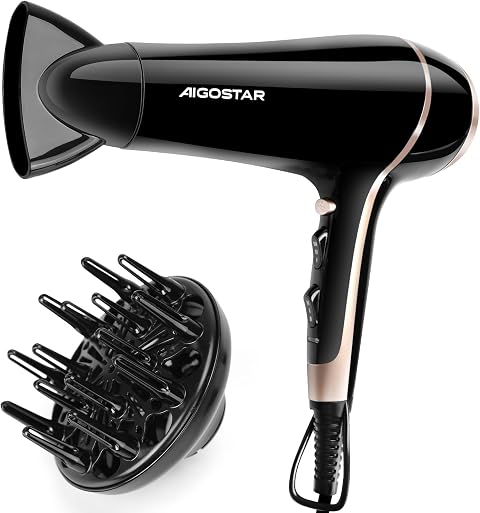 Aigostar Ionen Föhn 2400W, Profi-Haartrockner mit Diffusor für Locken | Schnelles Trocknen, Kaltluft-Taste, Überhitzungsschutz, 3 Heizstufen & 2 Gebläsestufen, für Zuhause & Styling