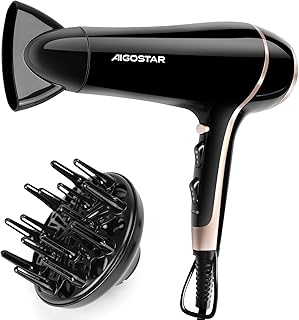 Aigostar Secador de Pelo Profesional 2400W Secador Iónico con Difusor y Boquilla Secado Rápido 3 Temperaturas 2 Velocidades+Botón de Aire Frío, Diario, Hogar, Peinado de cabello largo, Negro